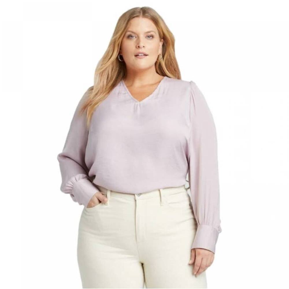 AVA & VIV Long Sleeve V-Neck Satin Blouse 4X